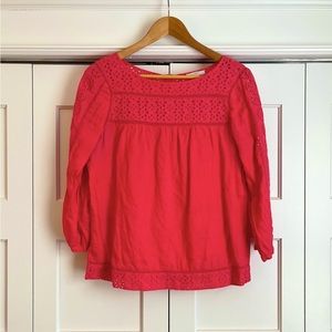 J Crew linen top with eyelets, reddish pink, size 8, 3/4 sleeves, hits at hip